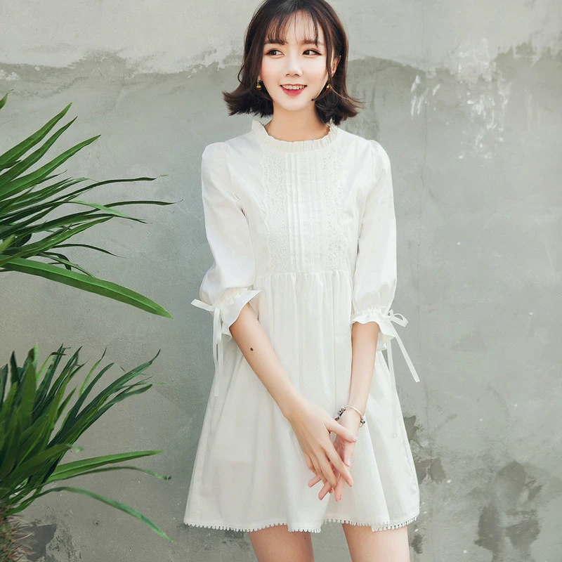 

Lolita Sweet Lace Mini Dress Women's Summer Dress 2021 White Lace Half Sleeve Mini Party Dress Ruffle Elegant Cute Beach Dress