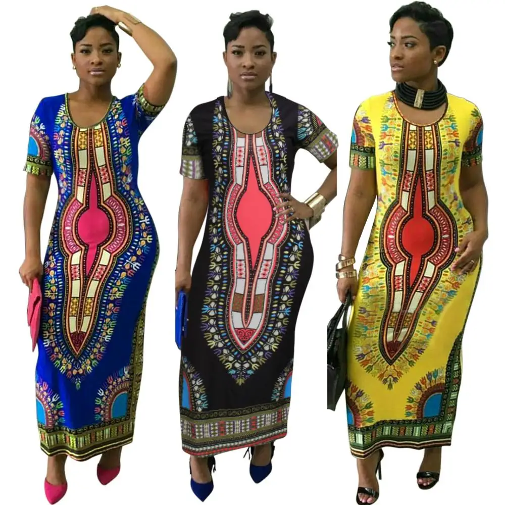 

New style classic African Dashiki Fashion Polyester fabric stretch printing long dress blue black yellow size S - XXL