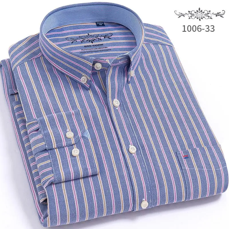 Мужская оксфордская хлопковая модная полосатая Повседневная рубашка с длинным рукавом, Ретро стиль, высокое качество, дизайнерская мужская одежда, рубашки, блузки - Цвет: 1006-33