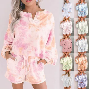 

2 Piece Sets Women Tie Dye Print Homewear Casual T-shirt Shorts Suit Sleepwear Lounge Pajamas Women Clothes Loose Two-Piece Suit