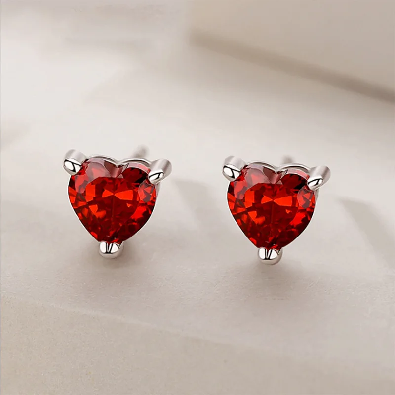 925 Sterling Silver Small Stud Earring Light RED CRYSTAL Simple Heart Earring for Woman Fashion Party Fine Jewelry silver earrings silver stud earrings heart earrings