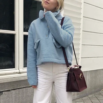 

Autumn Winter Warm Women Sweatshirt Fleece Tops Long Sleeve Plush Outwear Female Jacket Turtleneck Zipper Thick Button Tops