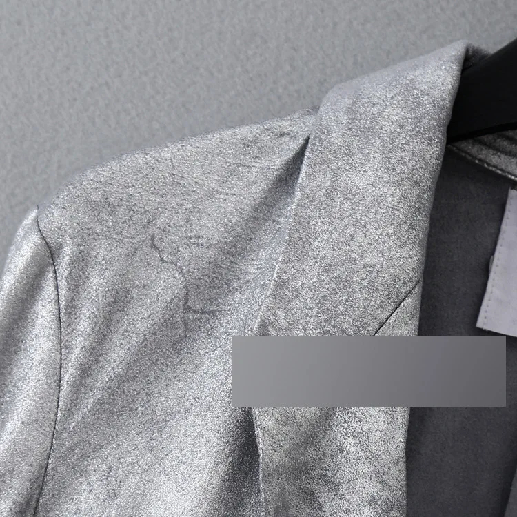 

149fb Silver Burst Crack Textured Leisure Suit One-Button Mid-length Female Suit Coat Fashion