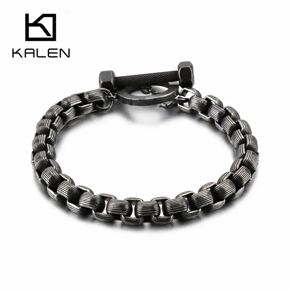 Kalen панк Нержавеющая сталь браслет с прямоуголными звеньями для Для мужчин 22 см в длину матовый BrushedLinking цепочки легко браслет крючок вечерние ювелирные изделия