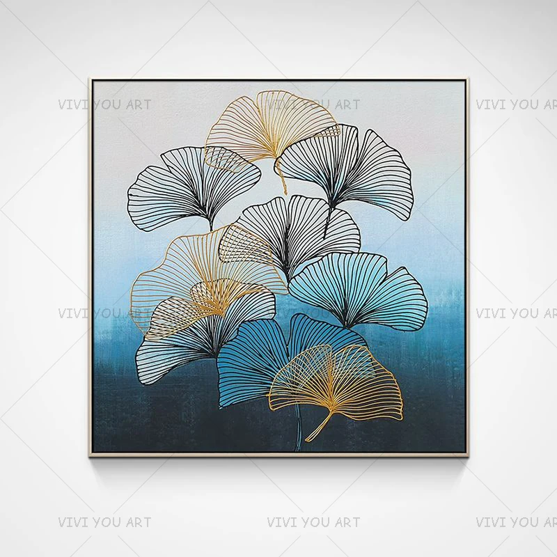 

Handpaint Blue Leaves Art Handmade Oil Painting Elegant oil art Plant Wall Pictures For Modern Livingroom Room Decoration