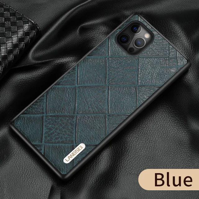 LANGSIDI Leather case For Iphone 12 pro max 11 Square embossing back cover For iphone 12 pro 12 max xr xs max 7 8 plus fundas Blue