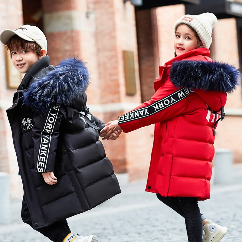 

Down Jacket for Boys Girls 2019 New Hooded Winter Jackets White Duck Down Parkas for Teenagers Boys Thick Long Coat Kids Clothes