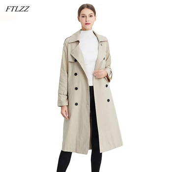 

FTLZZ New Trench Long Coat Spring Autumn Women's Double Breasted Belt Windbreaker Outerwear Female Casual Trench Coat