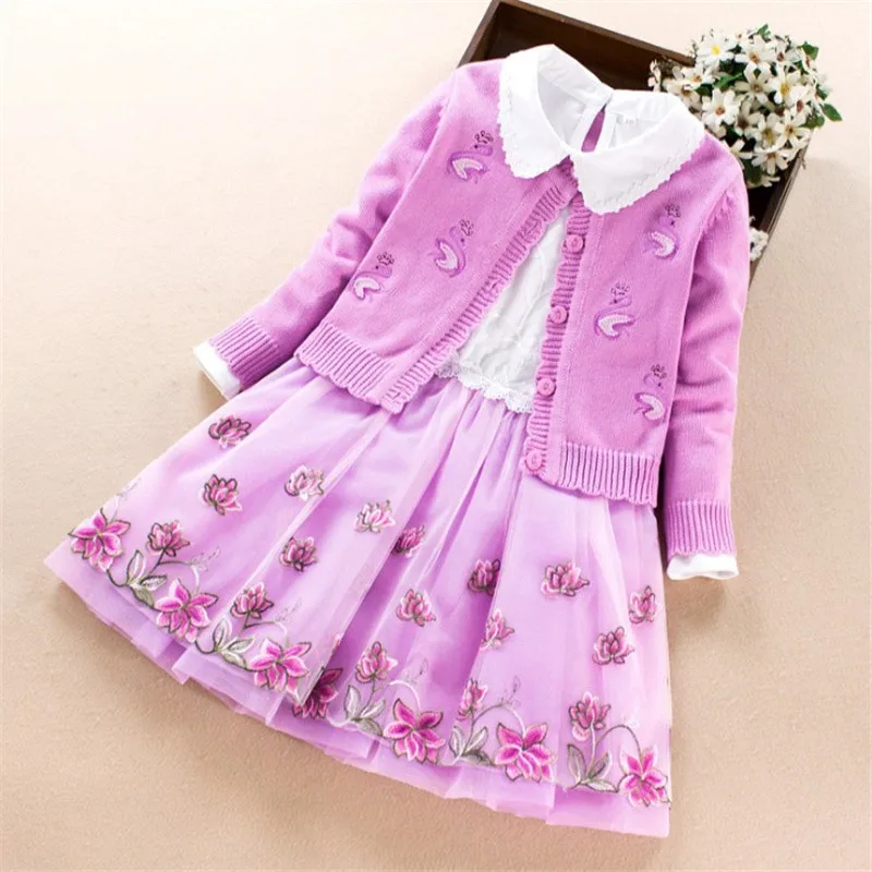 Весенне-осенние детские комплекты для девочек, юбка принцессы, хлопковый костюм из трех предметов, Детские комплекты, кардиган, свитер