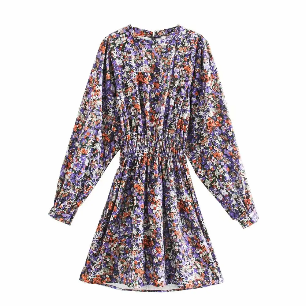 Cena Nowe kobiety w stylu vintage, w kwiaty drukuj w pasie mini sukienka kobiece zakładki latarnia rękaw vestidos swobodny szyk wąskie sukienki DS3226