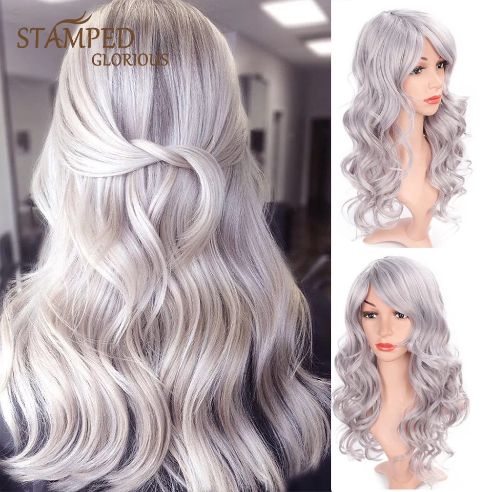 

Stamped Glorious 20inches Wave Wig Silver/Blue/Green Hair With Bangs Synthetic Wig for Women Heat Resistant Fiber Cosplay Wig