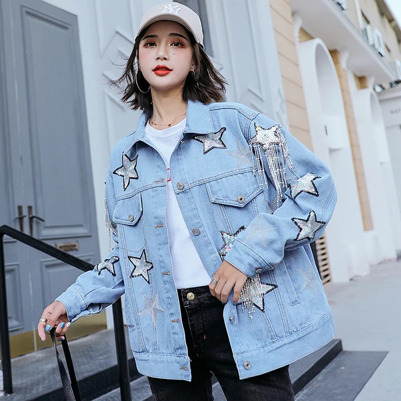 

Autumn New 2019 Bling Sequin Star Denim Coat Women Harajuku Tassel Long Sleeve Women Jacket Girl Students Jeans Outwear SA257