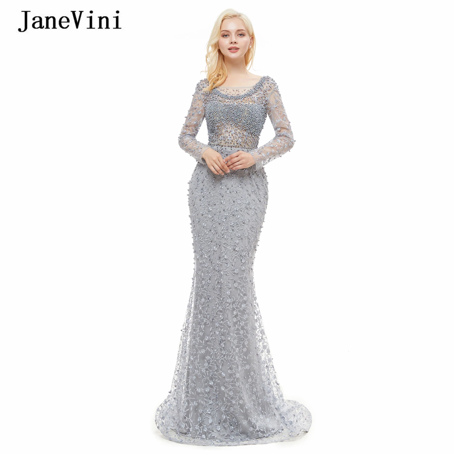 

JaneVini Luxury Beaded Gray Mermaid Lace Prom Dresses Long Sleeves Full Pearls Dubai Prom Party Gowns Backless Vestidos Fiesta