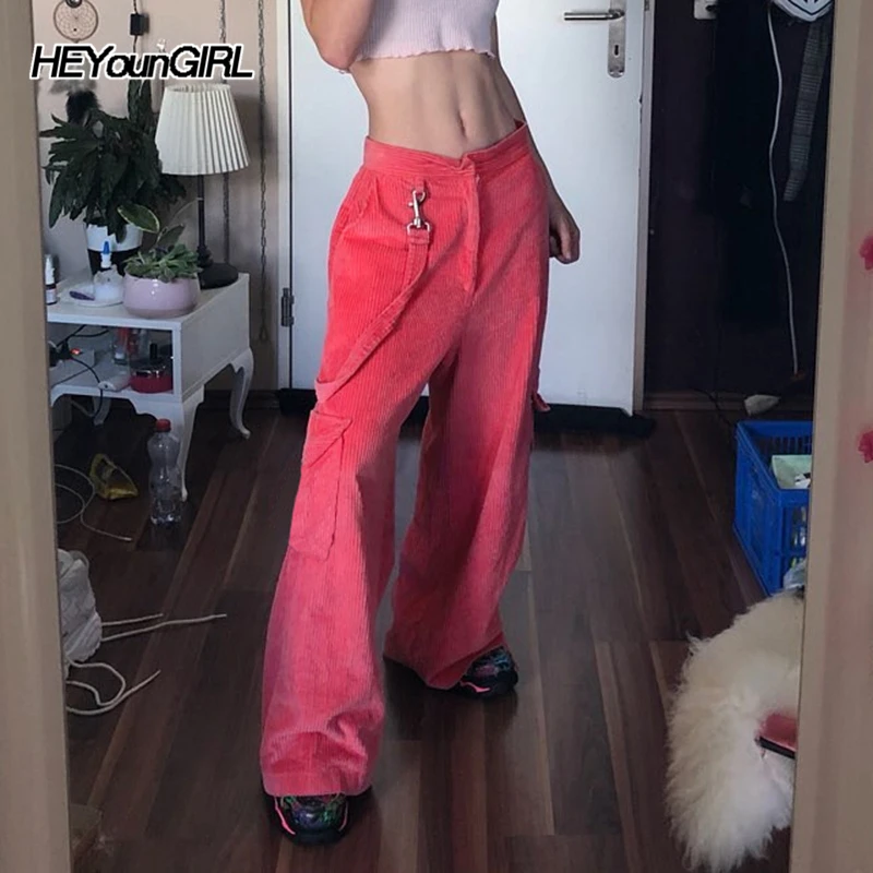 Розовые вельветовые прямые брюки HEYounGIRL Капри с полосками свободные женские