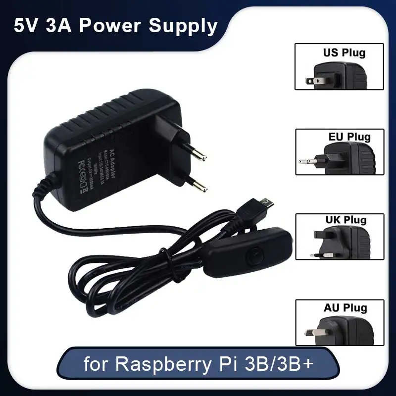 Raspberry pi Modelo b Mais Fonte de Alimentação Micro Porta Usb Adaptador de Alimentação ac Interruptor da ue Reino Unido au Eua Plug Carregador para Raspberry pi 3b 5v 3a