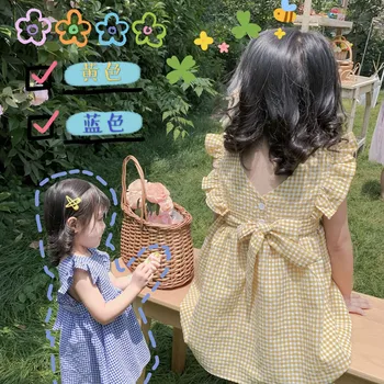 

Summer Blue yellow checkered dress, cotton A type comfortable sleeveless dress, Sweet cute girls clothes ,Princess style
