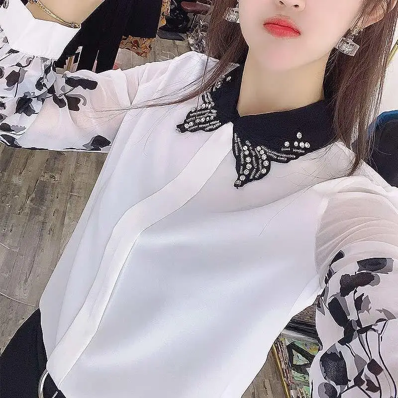 Chiffon Blouses for Women Korean Summer New Long Sleeve Shirt Woman Ladies Tops Femme Bottoming Shirt 5XL
