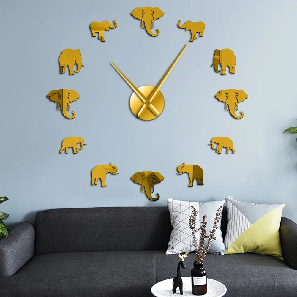 Jungle Animals Elephant DIY Large Wall Clock Modern Design Mirror
