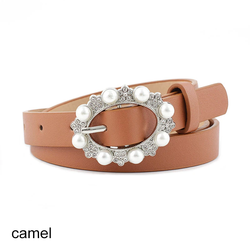 CAMEL Сплав кожаный ремень женские ремни одежда аксессуары инкрустированные жемчужные украшения сладкий стиль сплошной цвет овальная пряжка 1 шт - Цвет: CAMEL