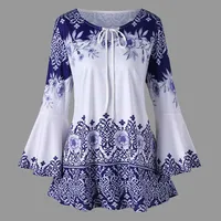 Autumn 5XL Plus Size Blouses Women Bandage Long Sleeve O-Neck Floral Print Loose Casual Lace Fashion Tops Shirts Women Blouse 1