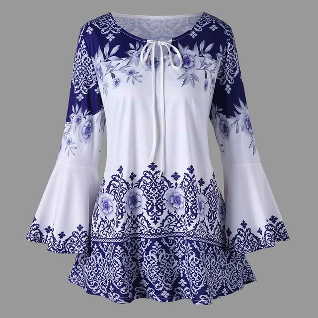 Autumn 5XL Plus Size Blouses Women Bandage Long Sleeve O-Neck Floral Print Loose Casual Lace Fashion Tops Shirts Women Blouse 1