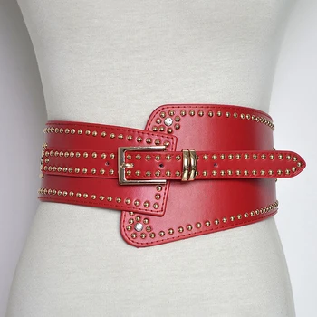 

LANMREM 2020 New Fashion Rivet Elastic Pin Buckle Wide Belt All-match Female's Clothing Accessories Hot Sale 92CM length YE986