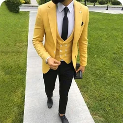 2021 New High-Quality Customized Yellow Men's Suit Notched Lapel Wedding Fashion Slim Groom 3- Piece Set (Coat + Pants + Vest)