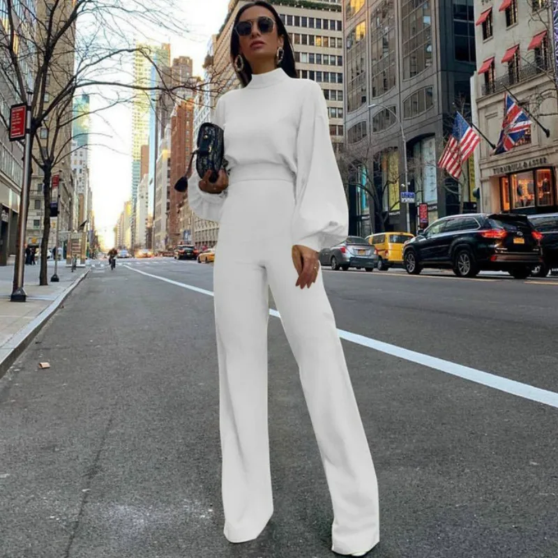 

Elegant Turtleneck lantern long sleeve Jumpsuit Female Fall Vintage office lady romper Fashion Casual White Yellow Black Overall
