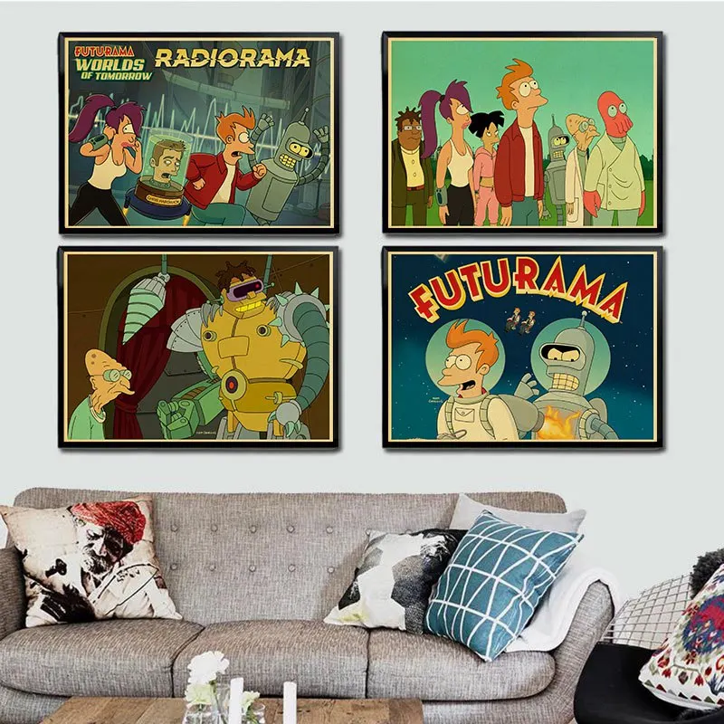 

Comic Movie Poster Futurama Posters Vintage Kraft Paper Crafts Printing for Kids Room Wall Cartoon Decorative Painting