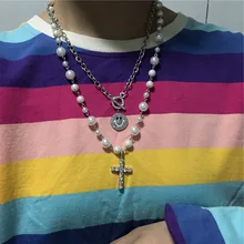 2020 hip hop multi-camada smiley irregular pérolas cruz corrente contas de metal linha corrente colar para jóias femininas