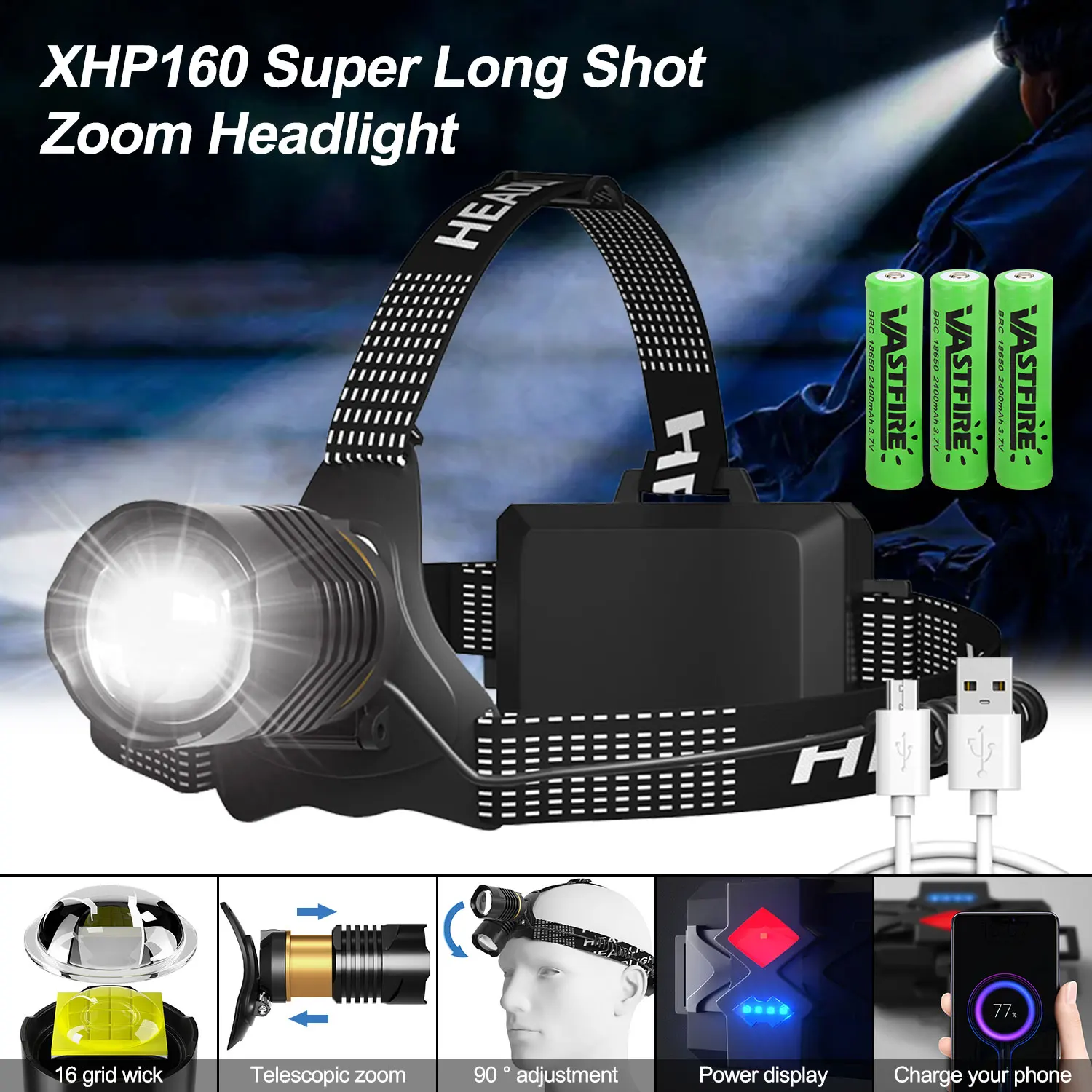 

20W XHP160 Super Long Shot Headlamp USB Rechargeable 3 Mode Zoomable Outdoor Headlamp Fishing Camping Head-mounted Led Headlight