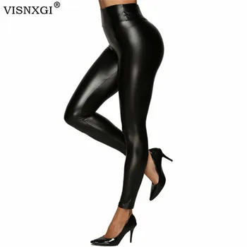 

VISNXGI High Waist Leather Leggings For Women Black Femme Fitness PU Sexy Push Up Slim Pants Skinny Elastic Trousers Plus Size