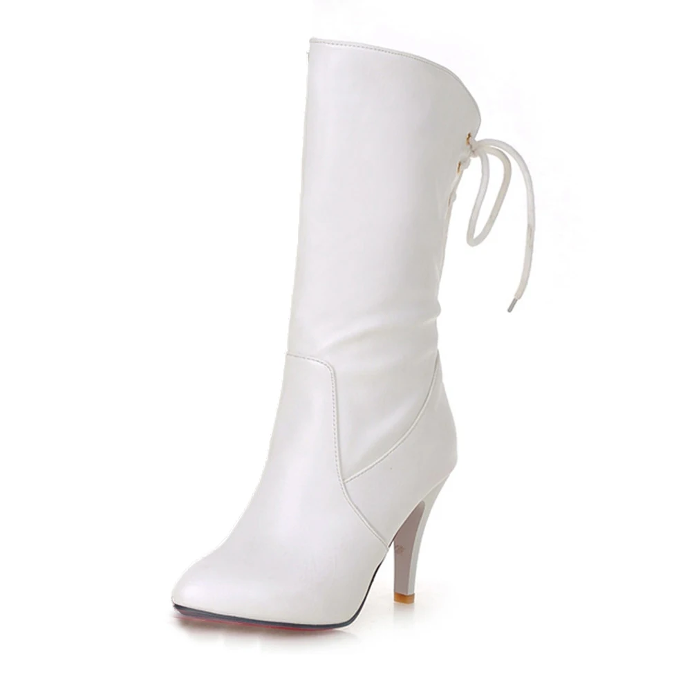 SARAIRIS/большие размеры 32-43; Прямая поставка; ботинки в стиле ретро; женская обувь; классические ботинки до середины икры без застежки на высоком каблуке; женская обувь - Цвет: Белый