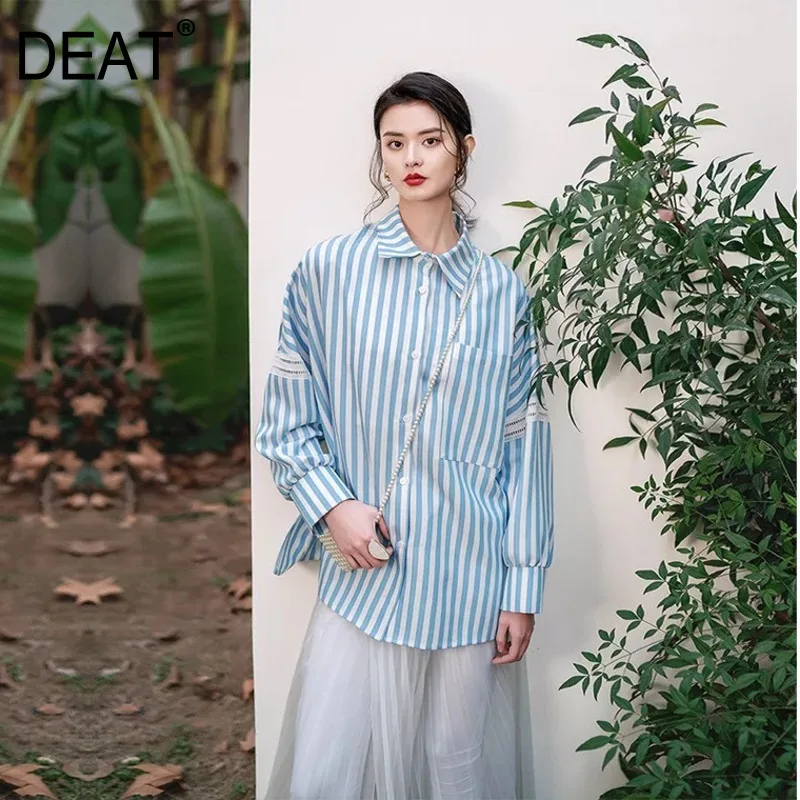 

[DEAT] 2019 New Spring Summer Lapel Long Sleeve Loose Lattice Hit Color Spliced Personality Shirt Women Blouse Fashion 13D390