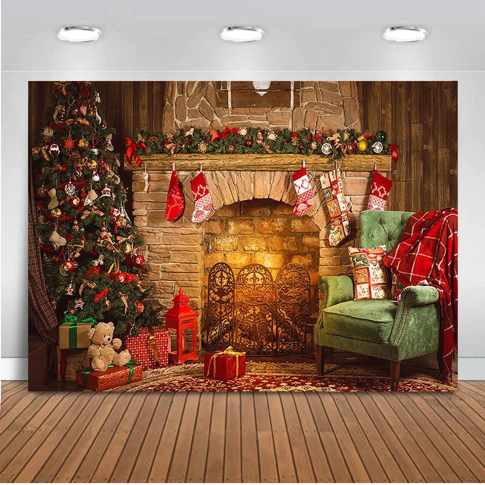 Haboke 8x6ft Soft Fabric Christmas Fireplace Backdrops for Photography Xmas Tree Sock Gift Decorations for Family Party Photo Background Pictures Decor Photobooth Props 