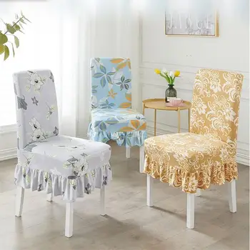 

Spandex Chair Cover with Skirt,Modern Yellow/Navy Blue Dining Ruffle Chair Covers,Washable Slipovers for Living Room,Kitchen