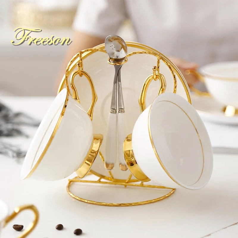 Gold Inlay Bone China Tea Cup Saucer Spoon Set 200ml Luxury Ceramic Coffee Cup Advanced Porcelain Teacup Party Teatime Drinkware