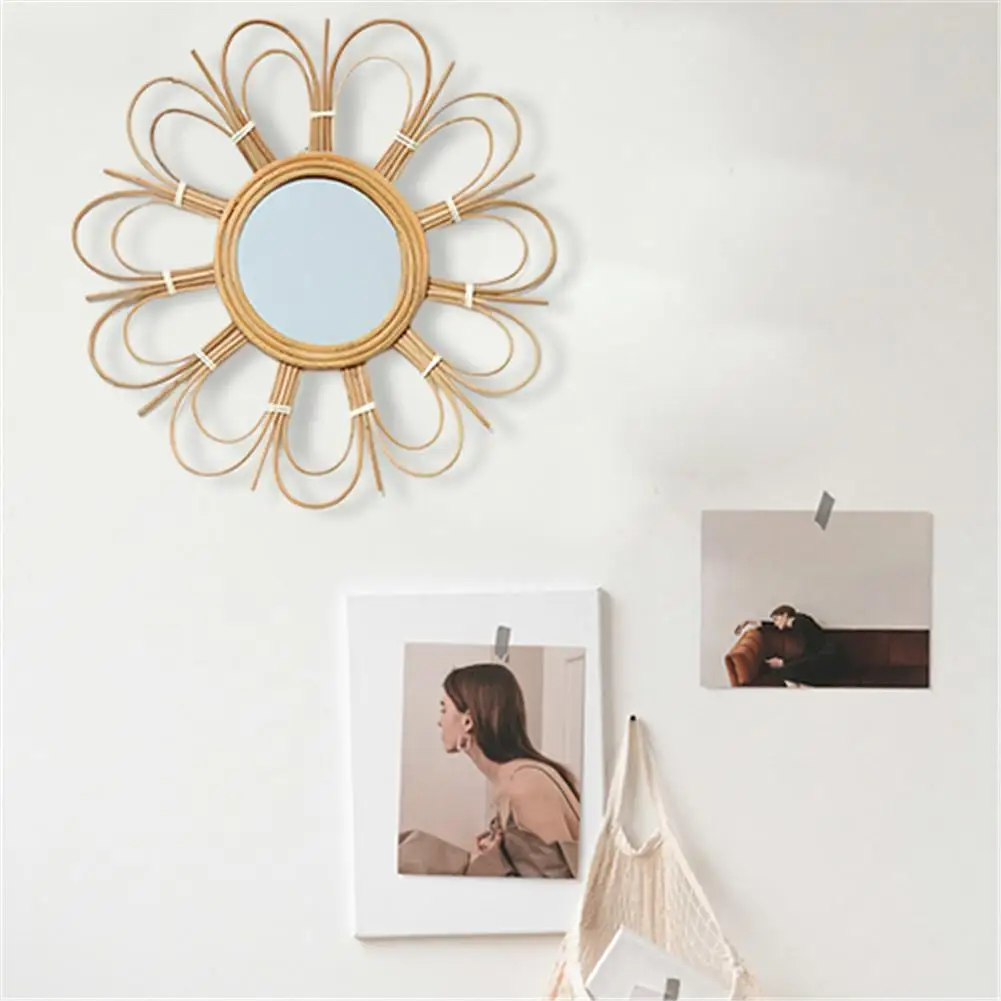 Скандинавское плетеное настенное зеркало в стиле ретро из ротанга в стиле АР-деко круглое зеркало для макияжа для гостиной стены кухни ванной комнаты декора