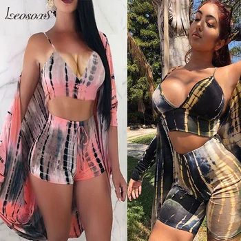 

LEOSOXS Women Fashion Three Piece Set Summer Sexy Print Sleeveless Crop Tops + Shorts Pants Suits Female Coat Two Piece Set