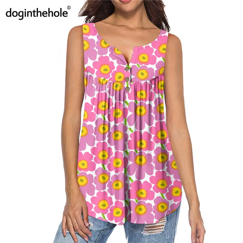 

Doginthehole Women's Pleated Swing Henley Shirts Cute Pink Poppies Pattern Sleeveless Tunic Tank Tops Lady's Large Size Blouse
