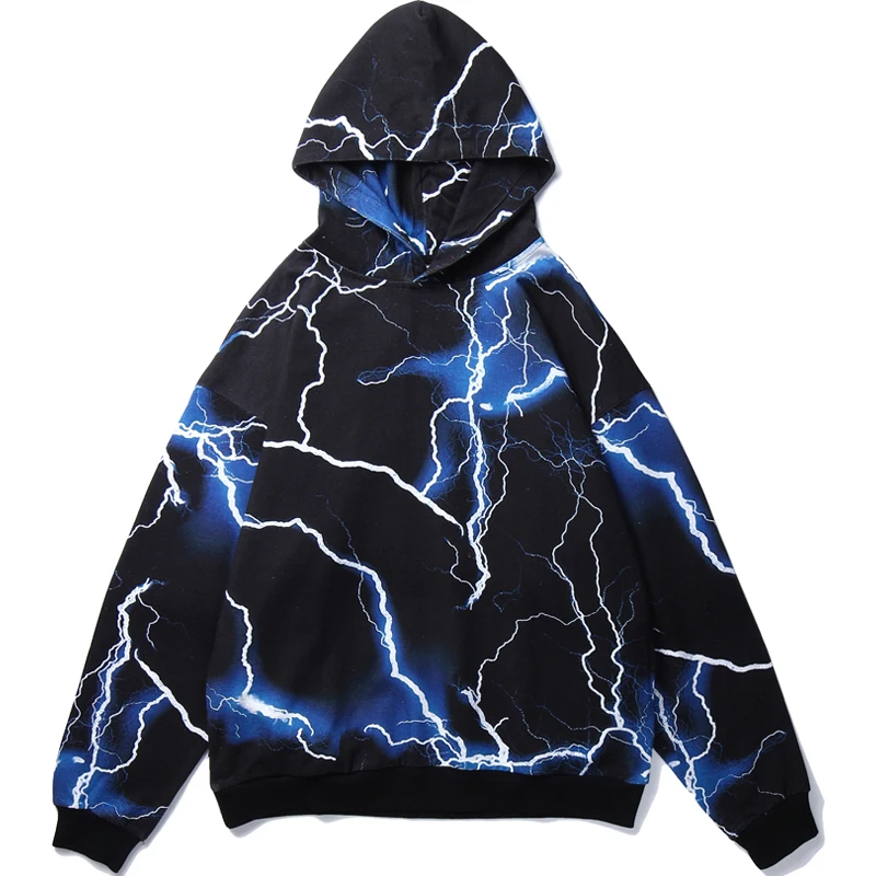 

Harajuku Blue Lightning Print Hoodie Sweatshirt Mens Hip Hop Pullover Loose Hoodies Streetwear Casual Fashion Clothes Hipster