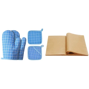 

200 Pcs Parchment Paper Non-Stick 25X35cm Baking Sheets & 4x Blue Cotton Linen Baking Gloves Microwave Gloves Pot Mats