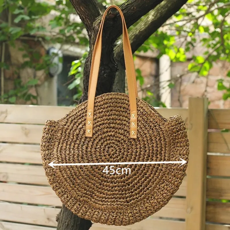 Round Tassel Straw Crossbody Bag Women Summer Rattan Handbags Handmade Woven Beach Circle Bohemia Beach Travel Shoulder Tote