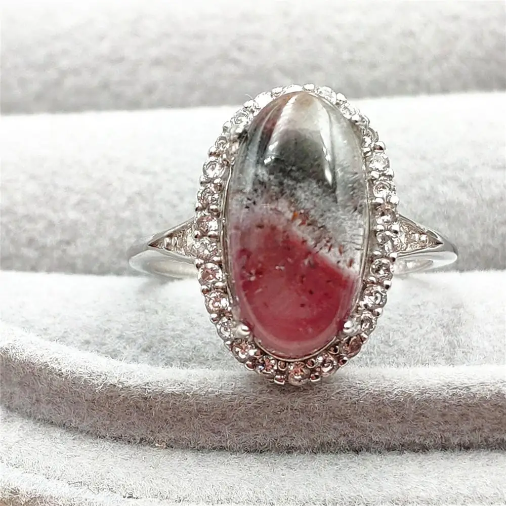 

14x8mm Natural Canada Auralite 23 Cacoxenite Adjustable Ring Purple Red Oval 925 Sterling Silver AAAAAA