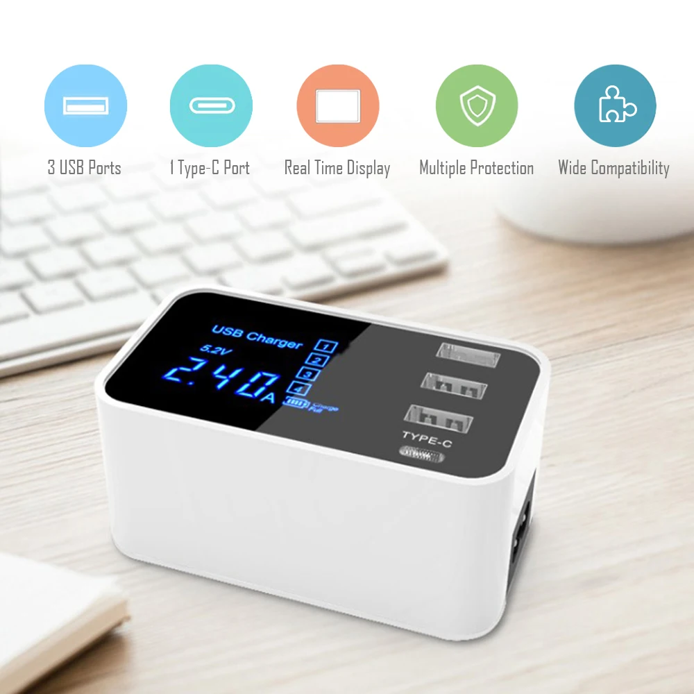 Зарядное устройство USB Quick Charge с 3 портами usb 1 портом type-C ЖК-дисплей настольная зарядная станция совместима с устройствами iOS Android