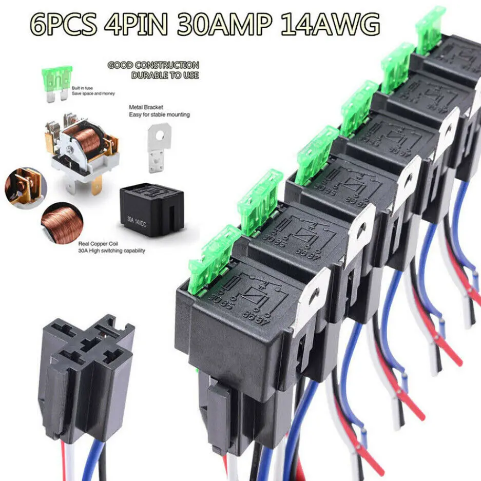 6Pcs 12V Automotive 5-Pin 30A Fuse Relays Harness Kit with 14AWG Hot Wires SPDT 