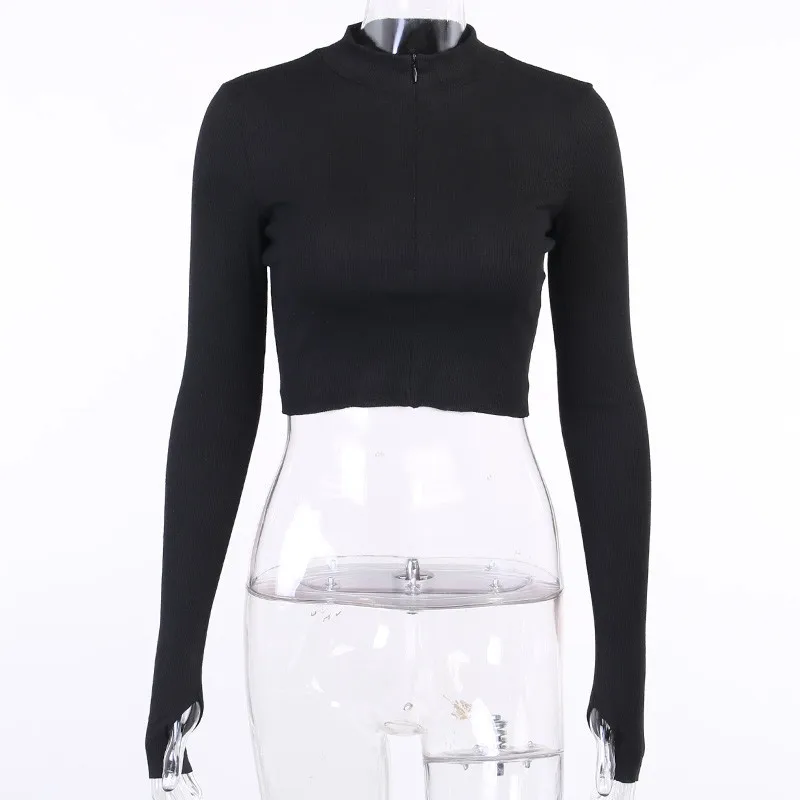 Goth Style Women's Black Top Long-sleeved V-neck Zipper Slim Short T-shirt Sexy Female Bottoming Shirt Harajuku Street Wear