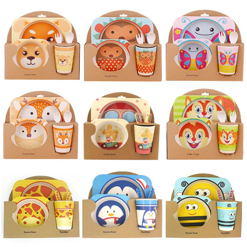 

5pcs/set Baby Dishes Set Eco-friendly Bamboo Fiber Dinnerware Cute Cartoon Animal Bowl Tableware For Kids Toddlers Boy Girl Gift