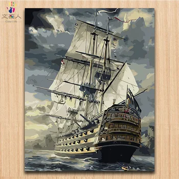 

Sailboat Seascape waves painting pictures by numbers with paint colors modren simple canvas numbers painting for hoom decoration