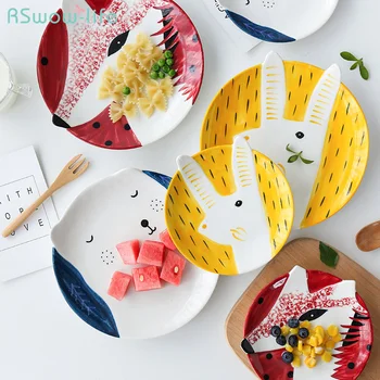 

Large / Small Children's Cartoon Cute Animal Ceramic Round Plate Breakfast Dessert Snack Plate Home Kitchen Supplies